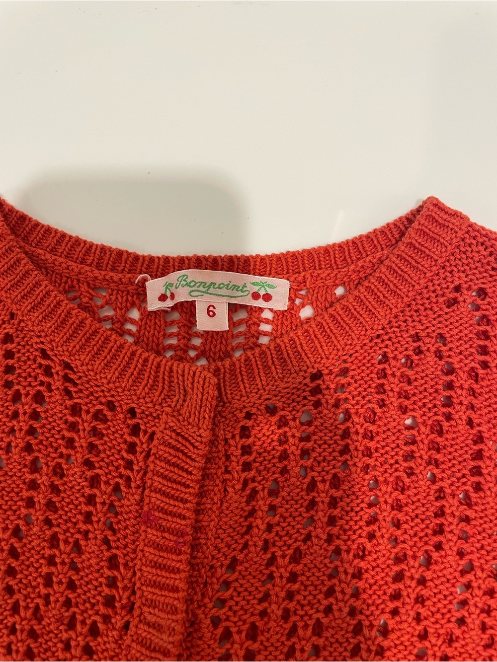Bonpoint Coral-Red Openwork Knit Cardigan